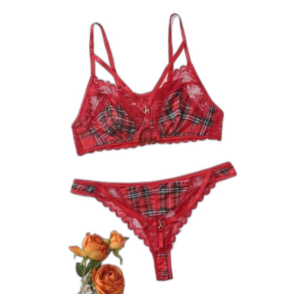2X Plus Size Red Plaid Tartan Spandex Harness Bra & Thong Lingerie Set
